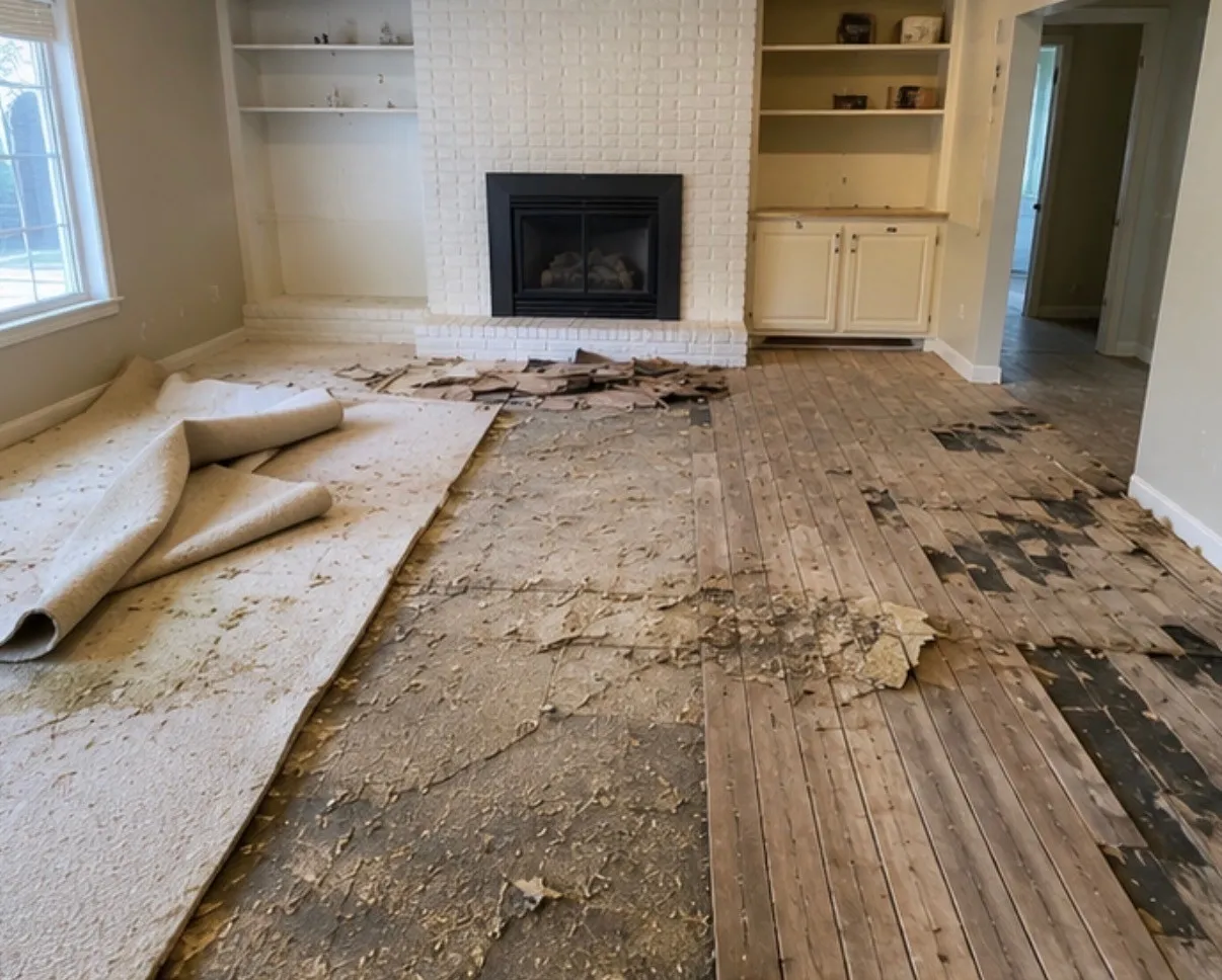 Old carpet and pad being removed from a living room