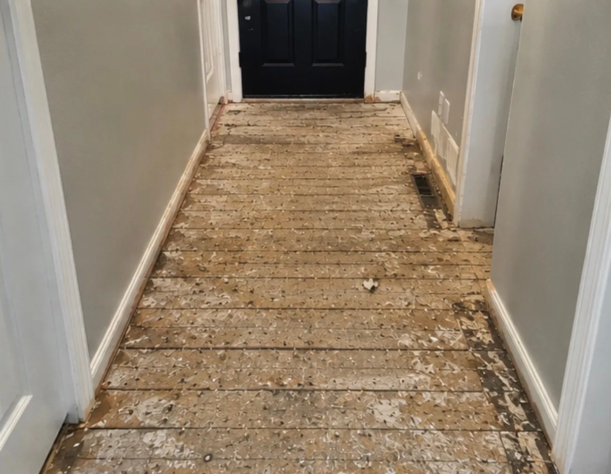 Hallway stripped to the subfloor and ready for a new floor