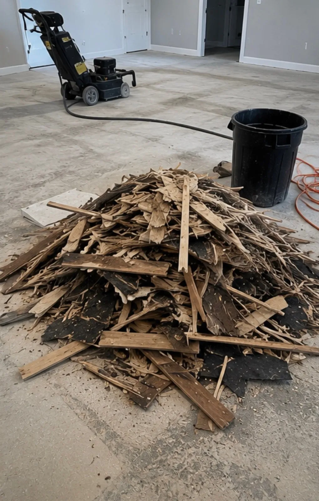 Pile of torn-out wood flooring next to a floor scraper